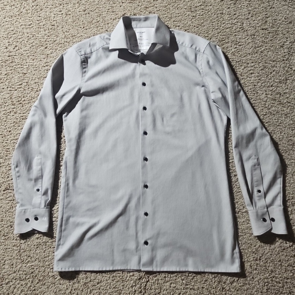 OLYMP Luxor Shirt Mens 40 Gray Striped 24/Seven Dynamic Flex Modern Fit